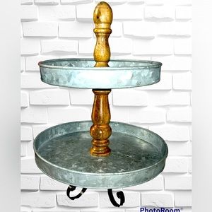 2 tier farmhouse galvanized metal and wood cake stand tray